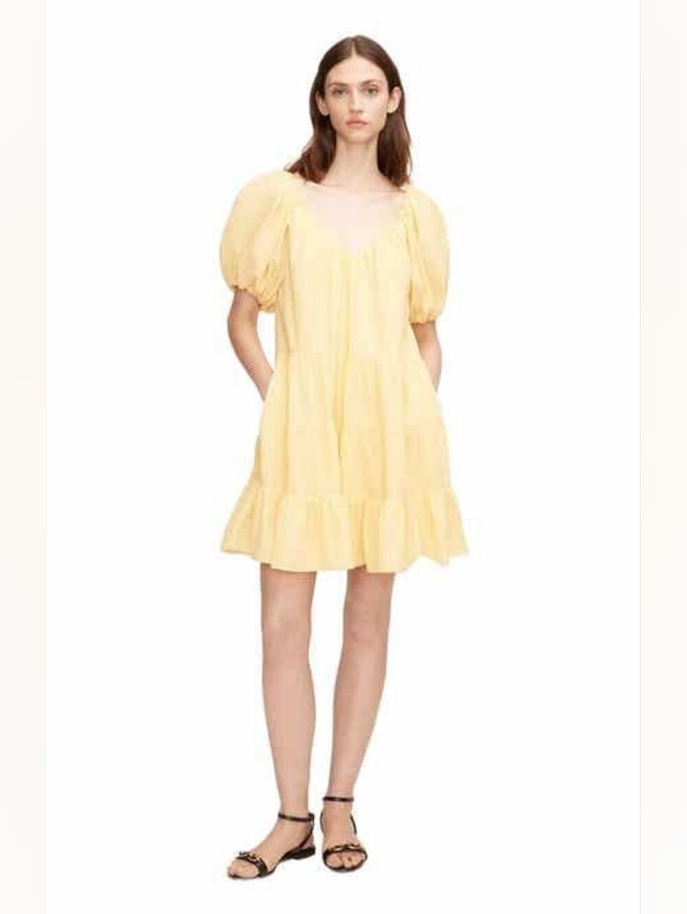 Rebecca Taylor Yellow Silk Tiered Babydoll Mini Dress Puff Sleeve Size L Pockets